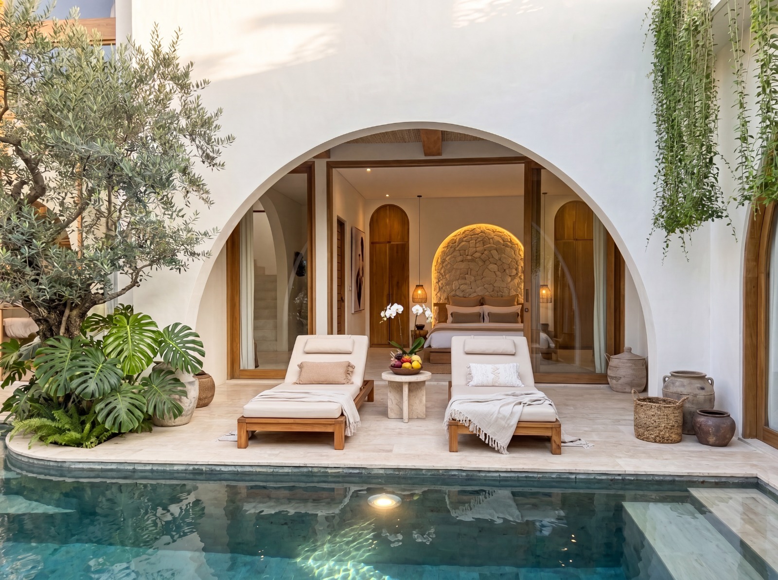 Balinese arched pool suite with sun loungers at ULU Villas Samui