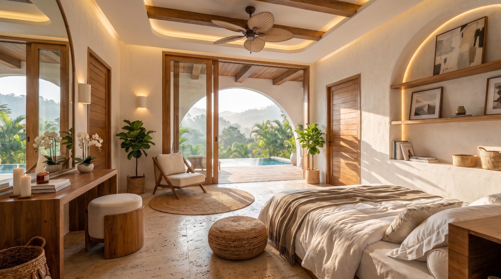 Bedroom with arched windows and pool view at ULU Villas Samui