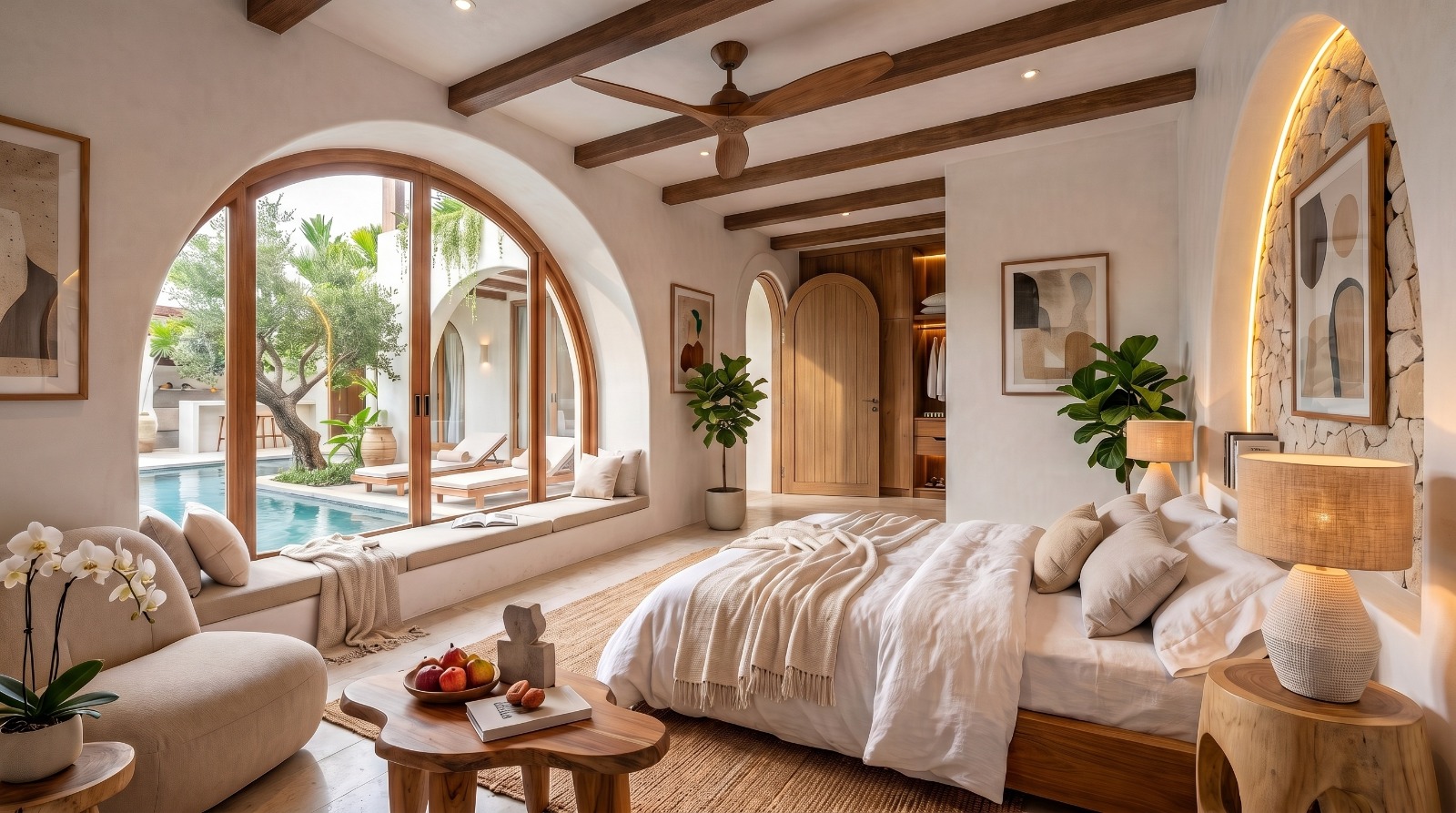 Guest bedroom with Balinese arched windows – ULU Villas, Koh Samui