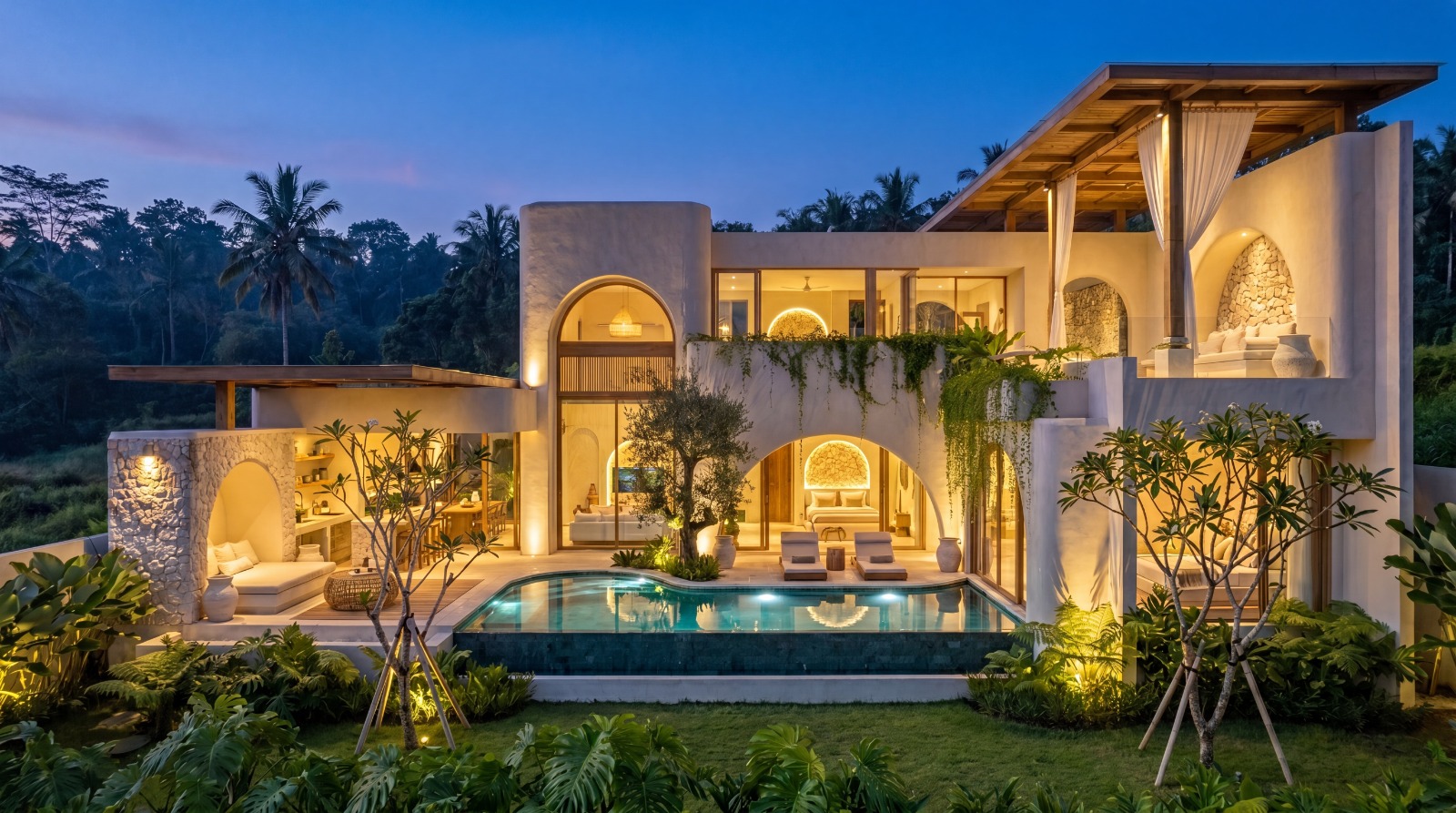 Luxury villa with illuminated private swimming pool at night – ULU Villas Samui