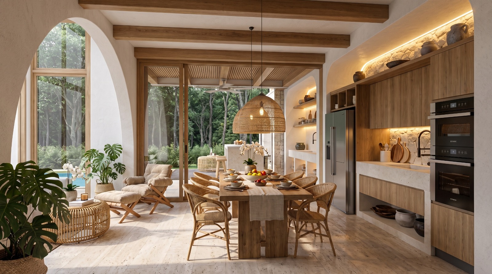 Open-plan living and dining area in a Balinese pool villa at ULU Villas