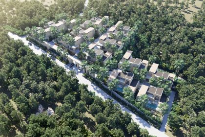 Aerial render of ULU Villas Samui among the jungle hills of Lamai, Koh Samui