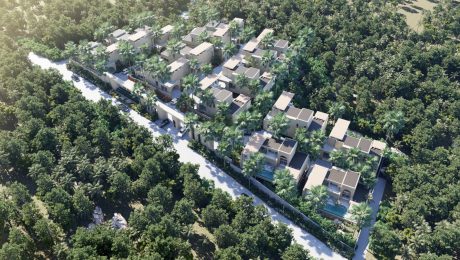 Aerial render of ULU Villas Samui among the jungle hills of Lamai, Koh Samui