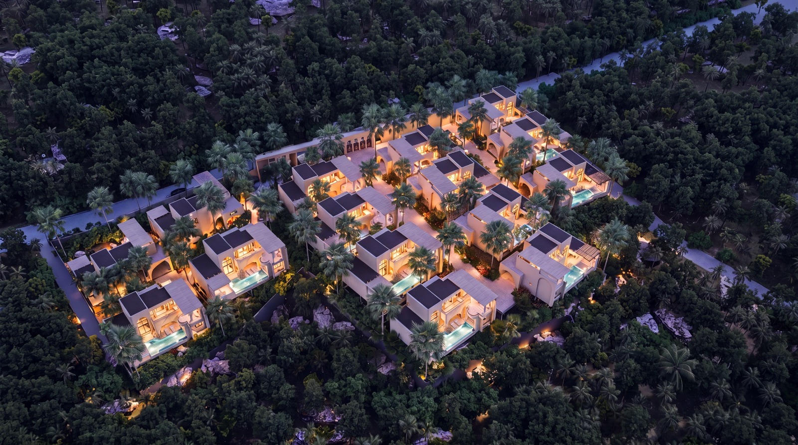 ULU Villas Samui – aerial view of 15 Balinese-style pool villas in Lamai, Koh Samui at dusk