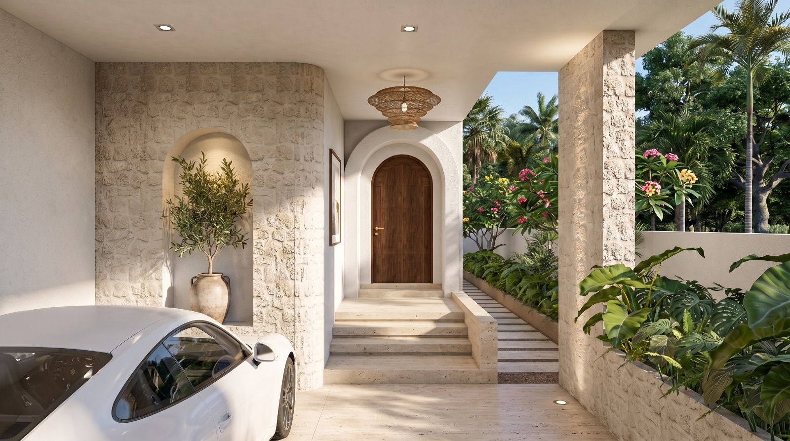 Villa entrance with carport and Balinese stone walls at ULU Villas